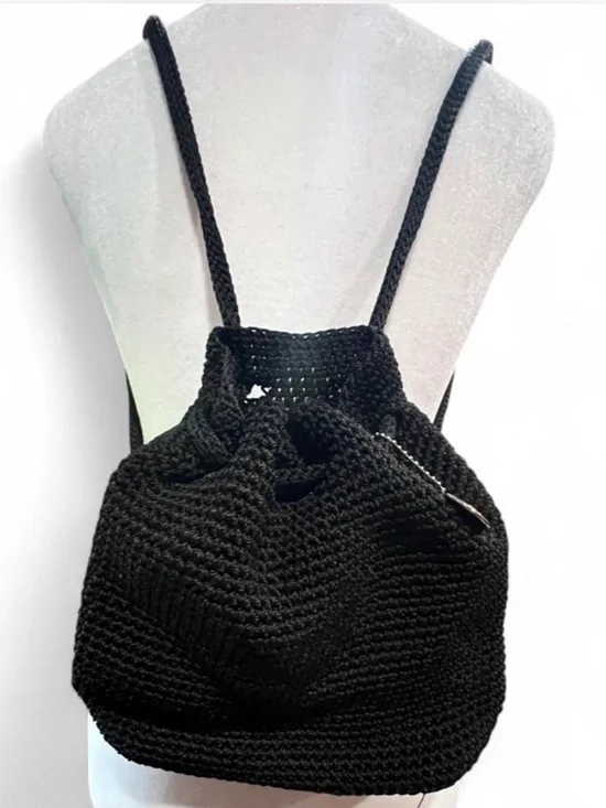 Vintage Y2K The Sak Black Crochet Drawstring Backpack