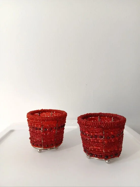 Pottery Barn Sunset Beaded Red Tealight Votive Candle Holders Set of 2 Silver 2