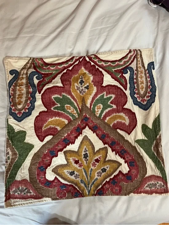 Pottery Barn Embroidered Boho Pillow Cover in Cream, Red, Green & Mustard