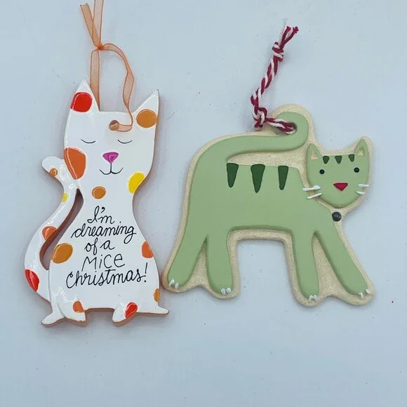 Pair of Hallmark Christmas Tree Ornaments Green & Polka Dot Cats HMK