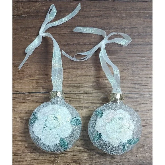 2 Hand Painted Clear Frosted Rose Round Shaped Christmas Ornaments B2