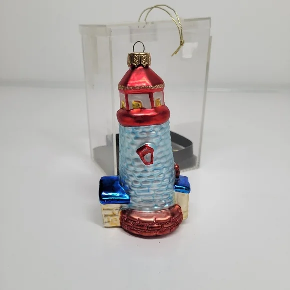 VTG Blown Glass lighthouse‎ Ornament Red Blue Glitter Ocean Coastal Holiday Gift