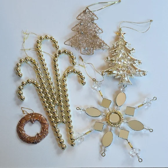 Gold Christmas Ornaments Set - Trees, Candy Canes, Wreath, Snowflake