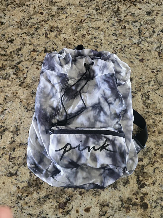 PINK Victoria's Secret Gray and White Tie-Dye Drawstring Backpack Or Fanny Pack