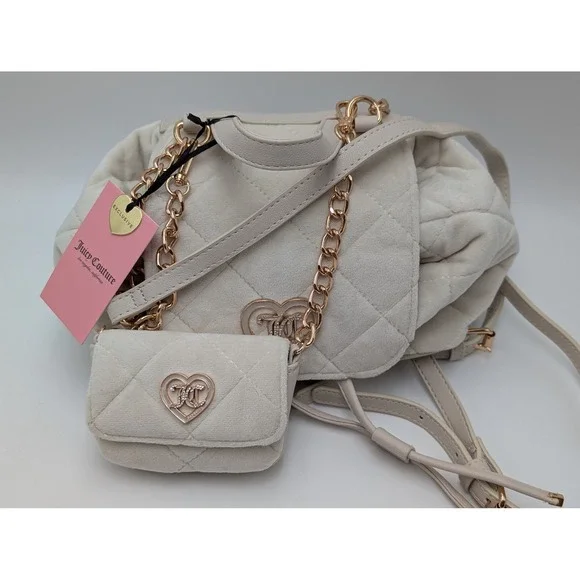Juicy Couture Backpack‎ Women Small Cream Quilted Velvet Heart Logo Pouch NWT