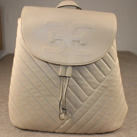 Sam Edelman Beige Quilted Faux Leather Drawstring Backpack Logo Flap Bag
