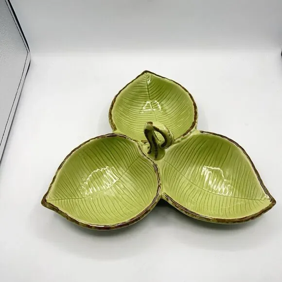 Pottery Barn Tropical Green Leaf Trio Candy Snack Serving Dish 11” w/Handle
