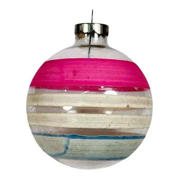 Vtg Shiny Brite 3” Unsilvered Glass Ornament Pink White Stripes WWII Christmas
