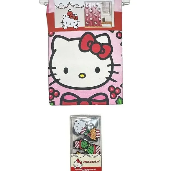 New Hello Kitty Holly Berry Christmas Wreath Shower Curtain 70X72, Curtain Hooks