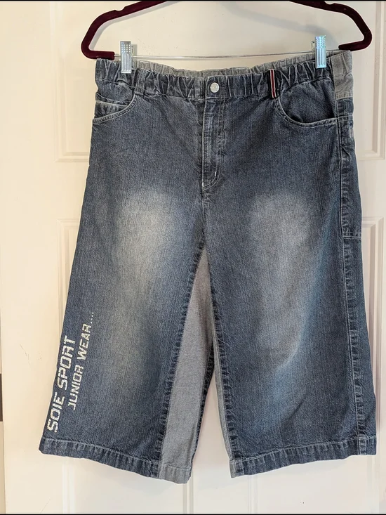 Women’s Dark Gray Wash Denim Jean Shorts with Side Logo. Y2K. Grunge. Jorts.
