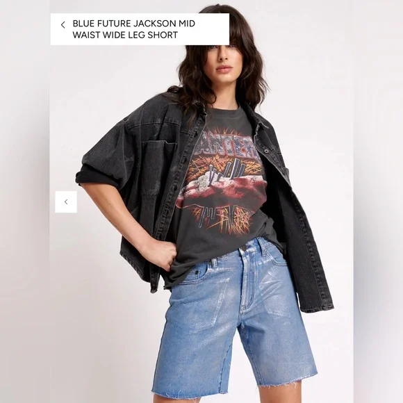 One Teaspoon Blue Future Jackson Mid Rise Silver Coated Wide Leg Denim Shorts 25