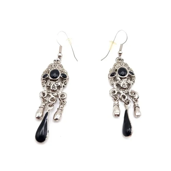 Victorian Dangle Earrings Silver‎ Filigree Faux Onyx Gothic