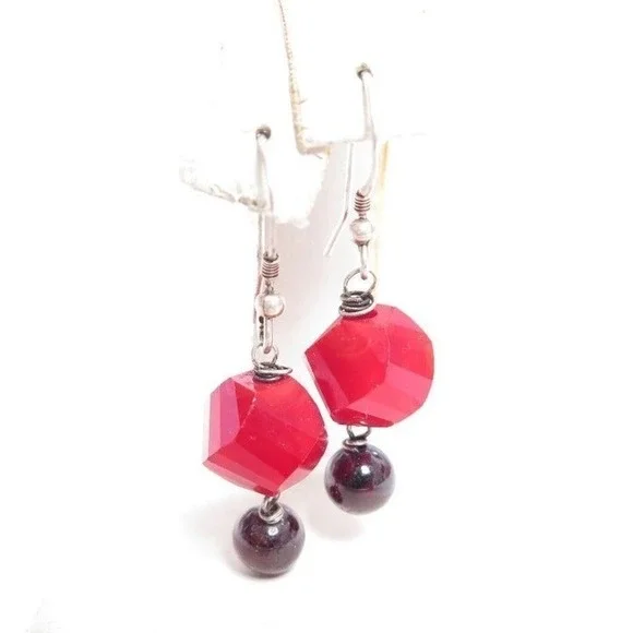 Bright Red Gemstone Sterling Silver‎ Drop  Dangle Earrings