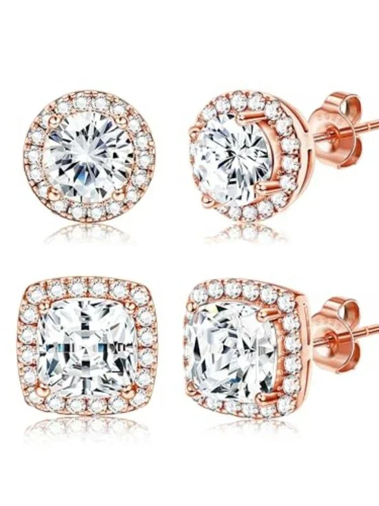 New - 18K Gold Plated Halo Stud Earrings 925 Sterling Silver Cubic‎ Zirconia