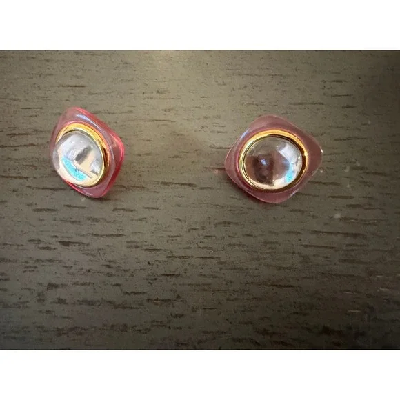 Vintage Pink Resin Gold Tone Clear Cabochon Geometric Stud Earrings Retro Post