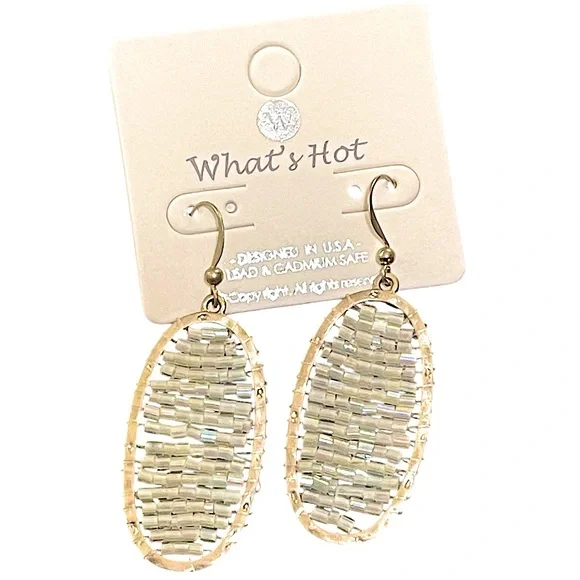 Iridescent‎ Beaded Hammered Gold Tone Metal Oval Hoop Earrings NTW