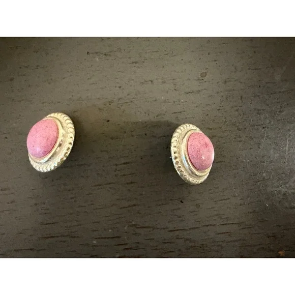 Vintage Pink Cabochon Stud Earrings Silver Tone Textured Bezel Round Post Back