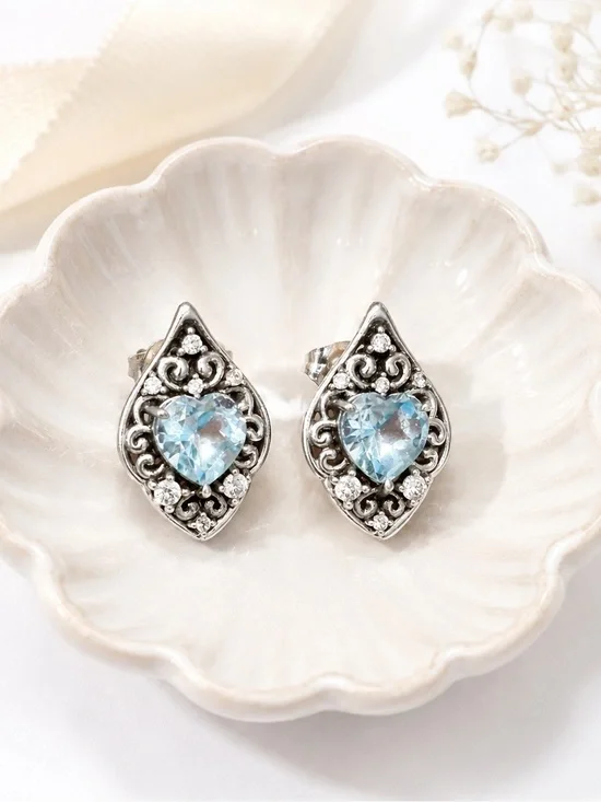 Vintage 925 Sterling Silver Aquamarine Heart Filigree Stud Earrings