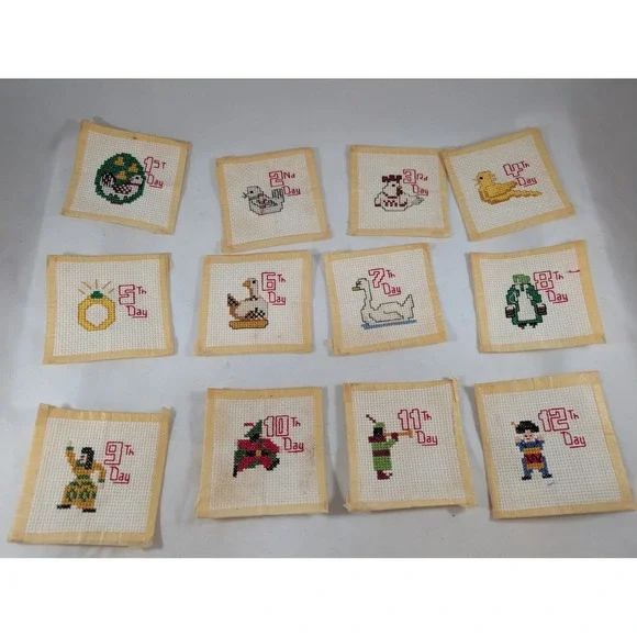 Vintage 12 Days of Christmas Cross Stitch ornament Set Handcrafted Holiday Decor