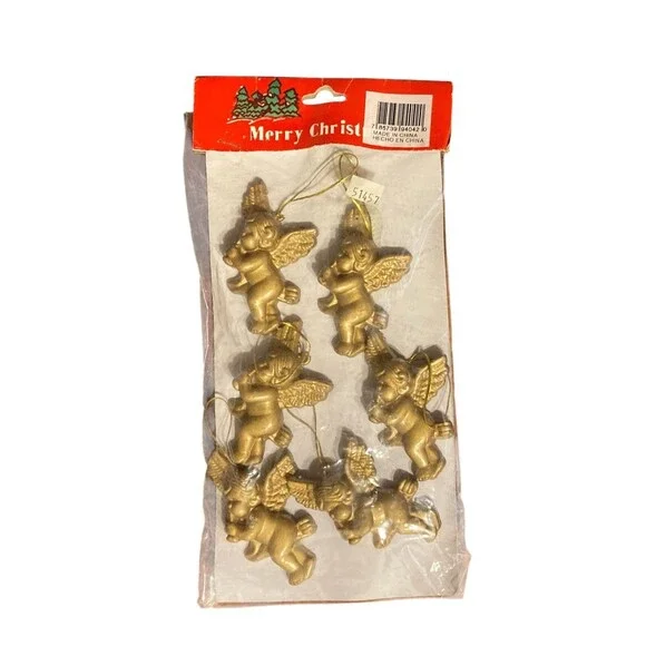 Set‎ of 6 Vintage Copper Plastic Cherub Angel Ornaments Playing Instruments