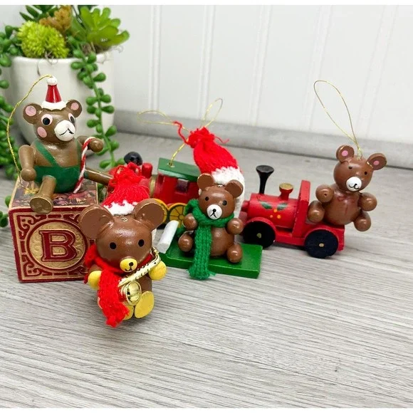 Vintage Wooden Christmas‎ Ornaments, Teddy Bear & Train Ornaments Set of 6