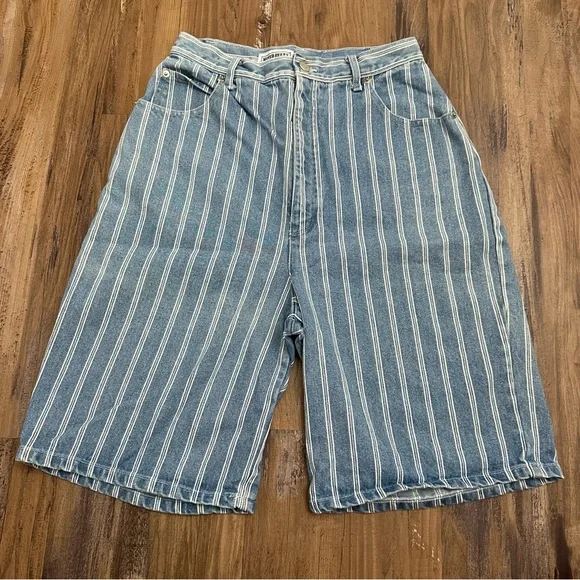 VTG 80s 90s High Waist Long Baggy Bermuda Blue & White Stripe Jean Denim Shorts