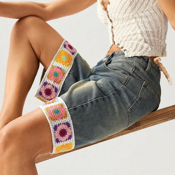 Dark Wash Crochet Colorful Bermuda Mom Denim Jean Shorts