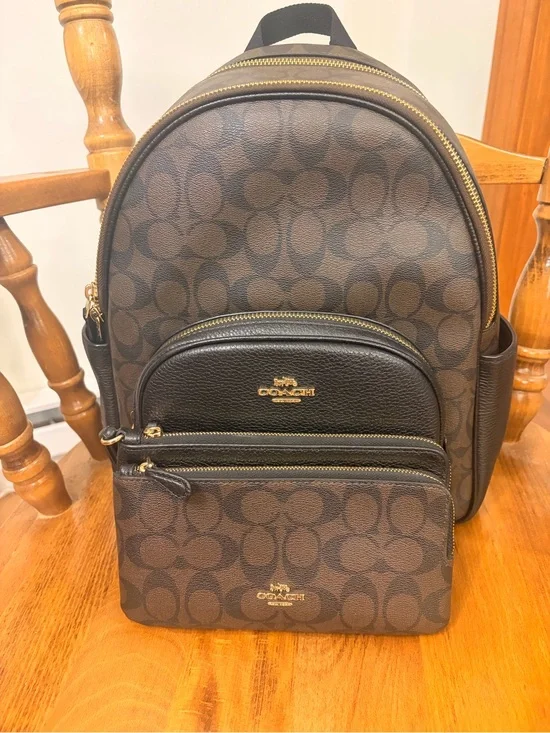 Coach Signature Canvas Backpack in Dark Brown and Black with Gold Hardware