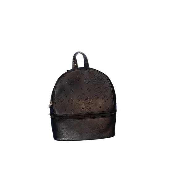 Unbranded Black Faux Leather‎ Mini Backpack Embossed Monogram Two Zip Pockets