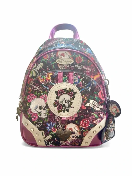 Ed Hardy Y2K Metallic Pink Floral Skull Zipper Backpack