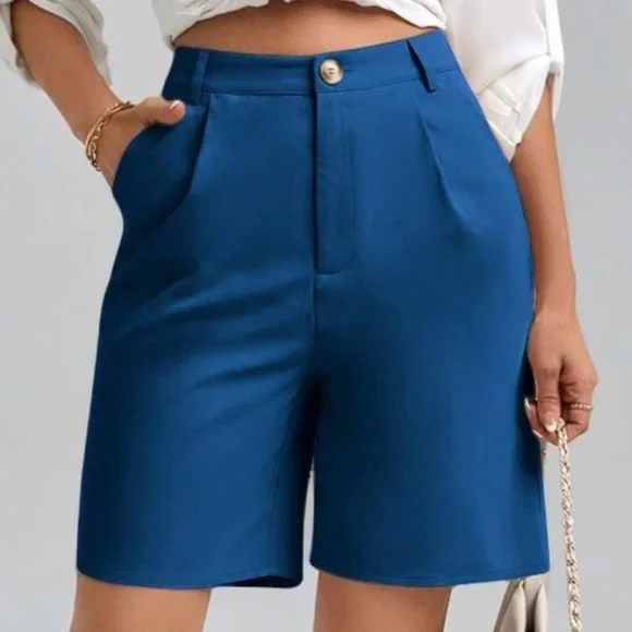 Solid High Waisted Pockets Minimalist Bermuda Shorts