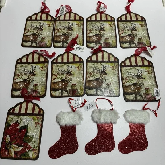 Lot Of 12 Vtg Style Retro Reindeer Gift Christmas Tree Tin Ornaments Poinsettia