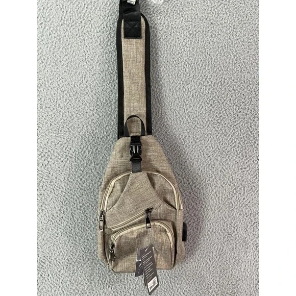 Nupouch Anti-Theft Sling Womens Small Tan Daypack Polyester Zip USB Port Light