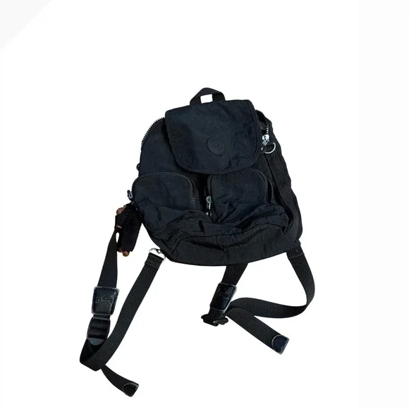 Kipling Black Nylon Mini Backpack with Fuzzy Monkey Keychain Small Rucksack Bag