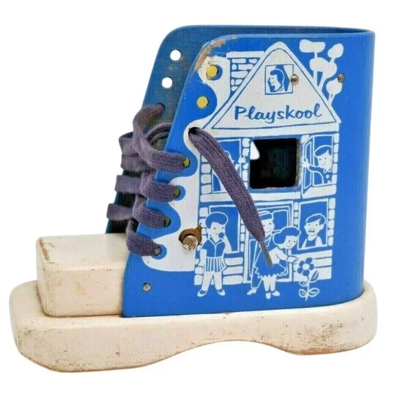 Vintage Playskool Wooden Lacing Shoe Toy Learn to Tie Old Woman in Shoe‎