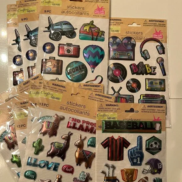 Metallic Puffy Stickers (10 Packs) Llamas,‎ Trave,l 80s, Sports (NEW)