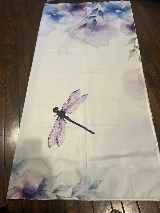 Dragonfly Floral shower curtain in Lavender and Blue with dragonfly hooks