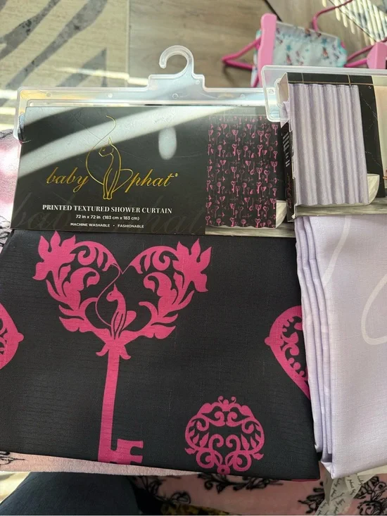 Baby Phat Black and Hot Pink Key Motif Shower Curtain