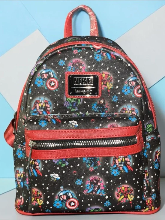 Loungefly Marvel Avengers Tattoo Floral Black Red Mini Backpack