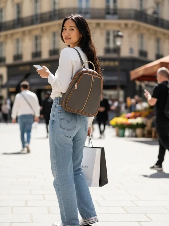 Women's Brown Grey Leather Backpack Purse