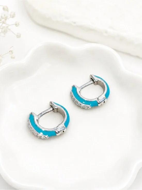 925 Sterling Silver Turquoise Enamel Huggie Hoop Earrings with Crystal Accents