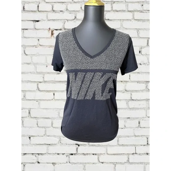 Nike Dri-FIT V-Neck T-Shirt Women Medium Black White Polka Dot Graphic Tee