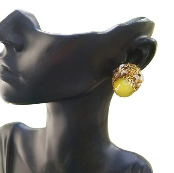 GORGEOUS 1950s WESTERN GERMANY GOLDTONE & LEMON POPHYRY GLASS CLIP ON EARRINGS