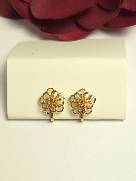Vintage Gold Plated Open Petal Flower Earrings Clip on Dainty Earrings