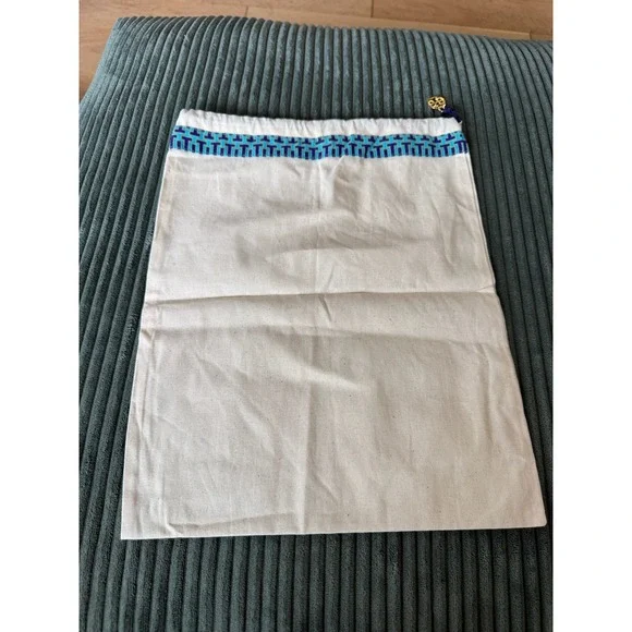 Tory Burch Dust Bag Pouch Beige Blue Logo Charm Drawstring Travel Accessory‎