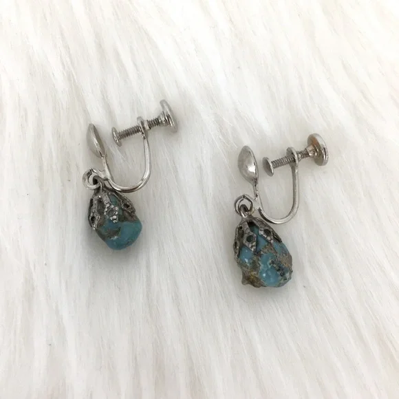 Vintage Screw Back Blue Moon Turquoise Dangle Earrings Silver Tone Filigree