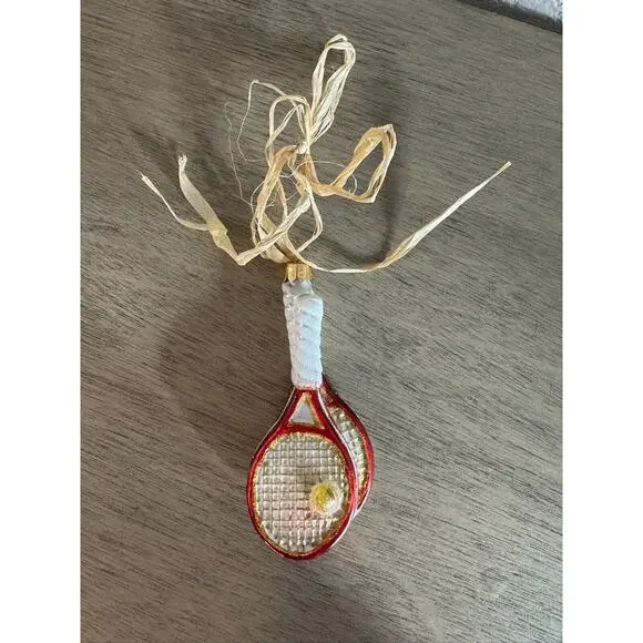 Glass Tennis Racket Christmas Ornament – Red & White with Ball Detail‎
