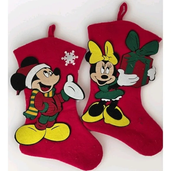 Mickey + Minnie Mouse 70's Felt Disney Christmas Stockings 3D Holiday Snowflake‎
