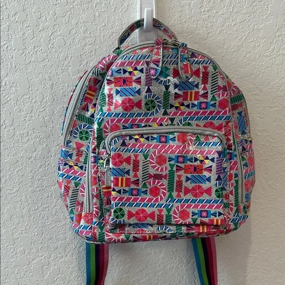 Bari Lynn Geometric Candy Print Shimmer Small Backpack Rainbow Straps