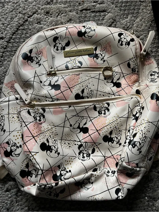 Petunia Pickle Bottom White and Pink Minnie Mouse Backpack with Gold Hardware